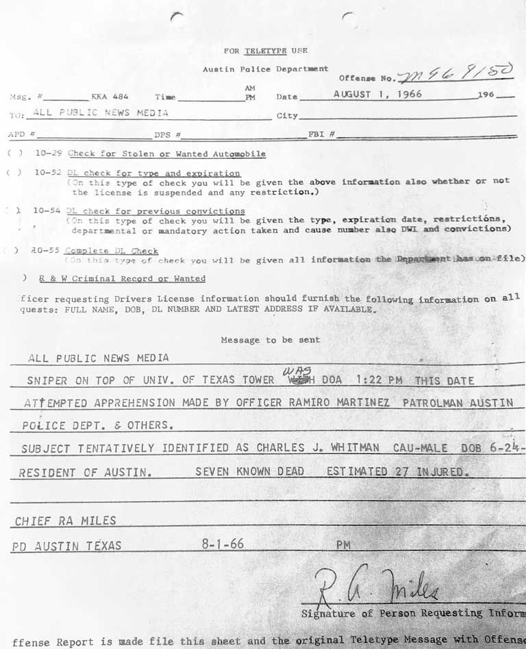 Austin Police Department teletype press release dated August 1, 1966, naming Officer Ramiro Martinez