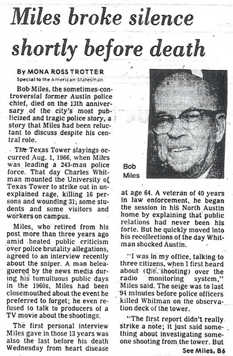 Newspaper clipping headlined Miles broke silence shortly before death, with a portrait of Bob Miles