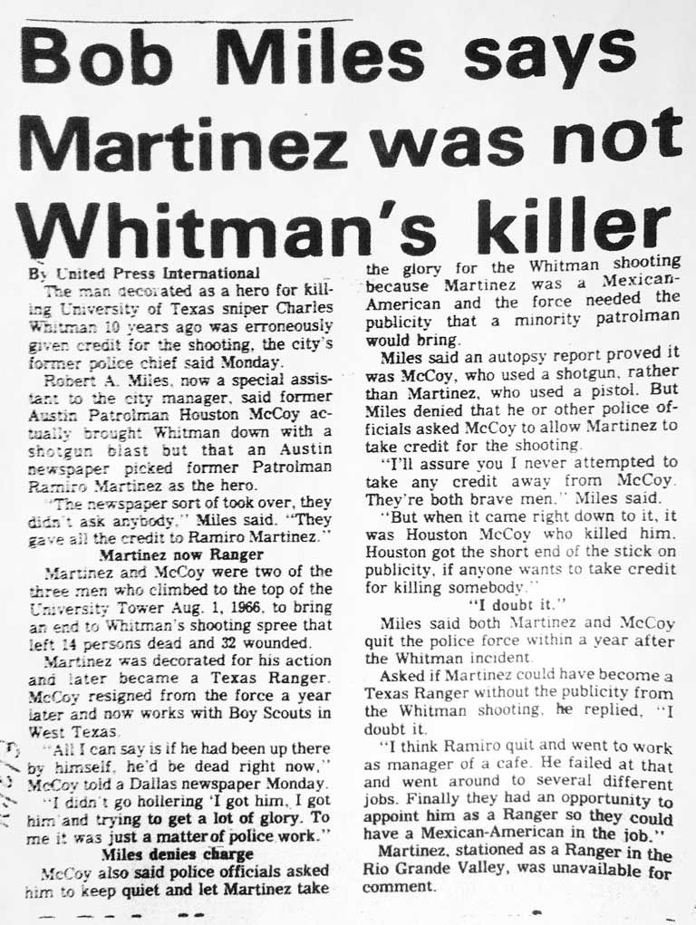 Newspaper headline: Bob Miles says Martinez was not Whitman's killer
