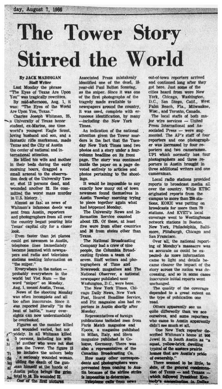 Newspaper clipping from Sunday, August 7, 1966, headlined The Tower Story Stirred the World