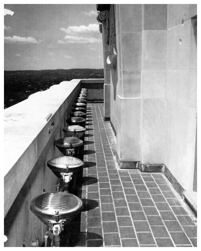 The University of Texas Tower observation deck, showing bullet damage on the limestone walls